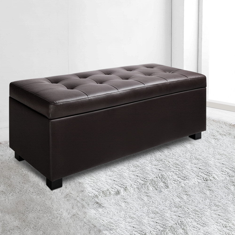 97cm Storage Ottoman Blanket Box - Brown PU Leather - Homecoze