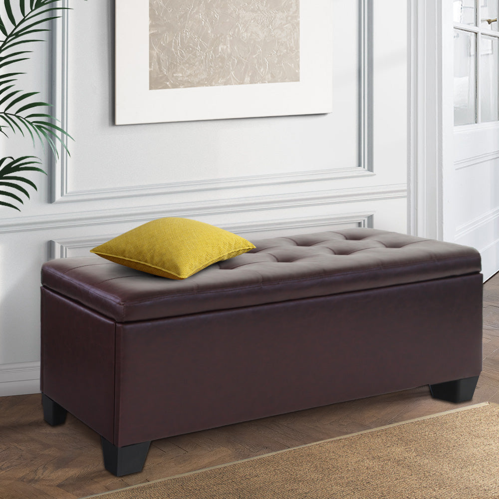 97cm Storage Ottoman Blanket Box - Brown PU Leather - Homecoze