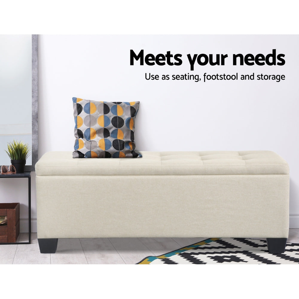 Faux Linen Fabric Storage Ottoman 97cm - Beige - Homecoze
