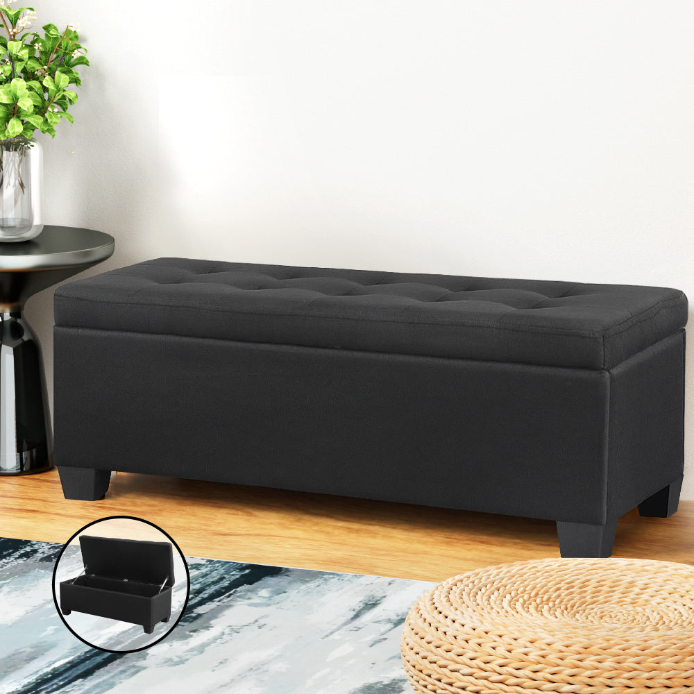 Large 97cm Storage Ottoman Blanket Box - Black Linen Fabric - Homecoze