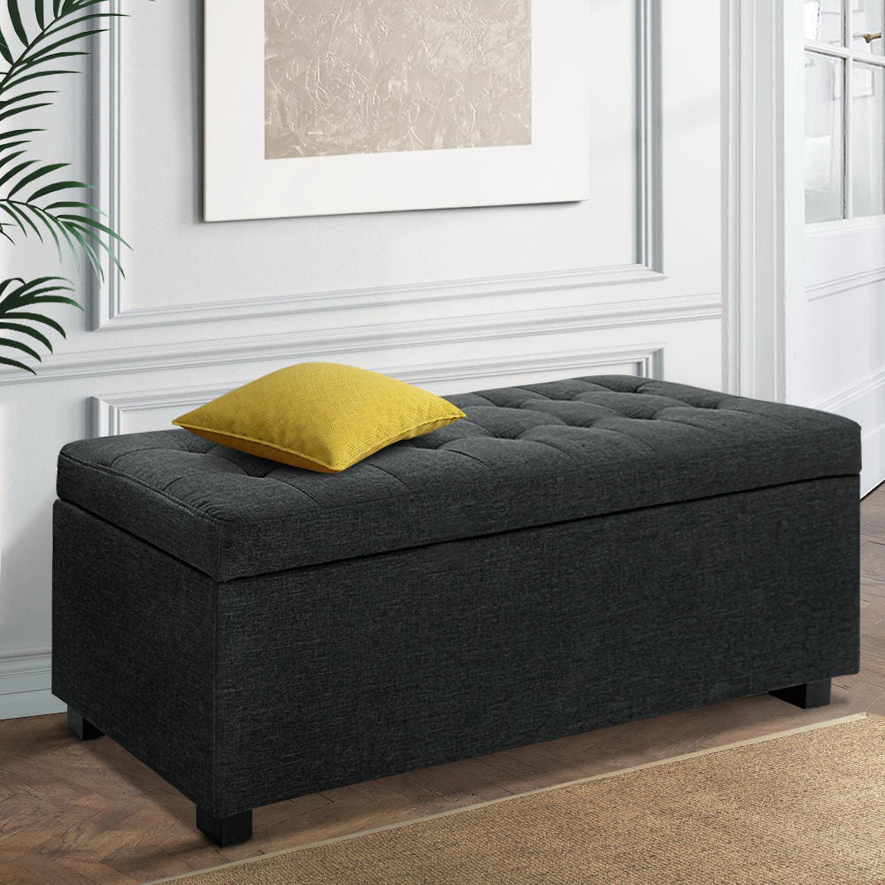 Large 100cm Storage Ottoman Blanket Box - Faux Linen Charcoal - Homecoze