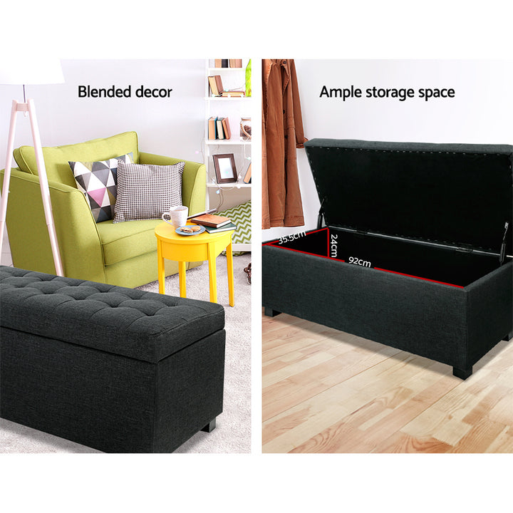 Large 100cm Storage Ottoman Blanket Box - Faux Linen Charcoal - Homecoze