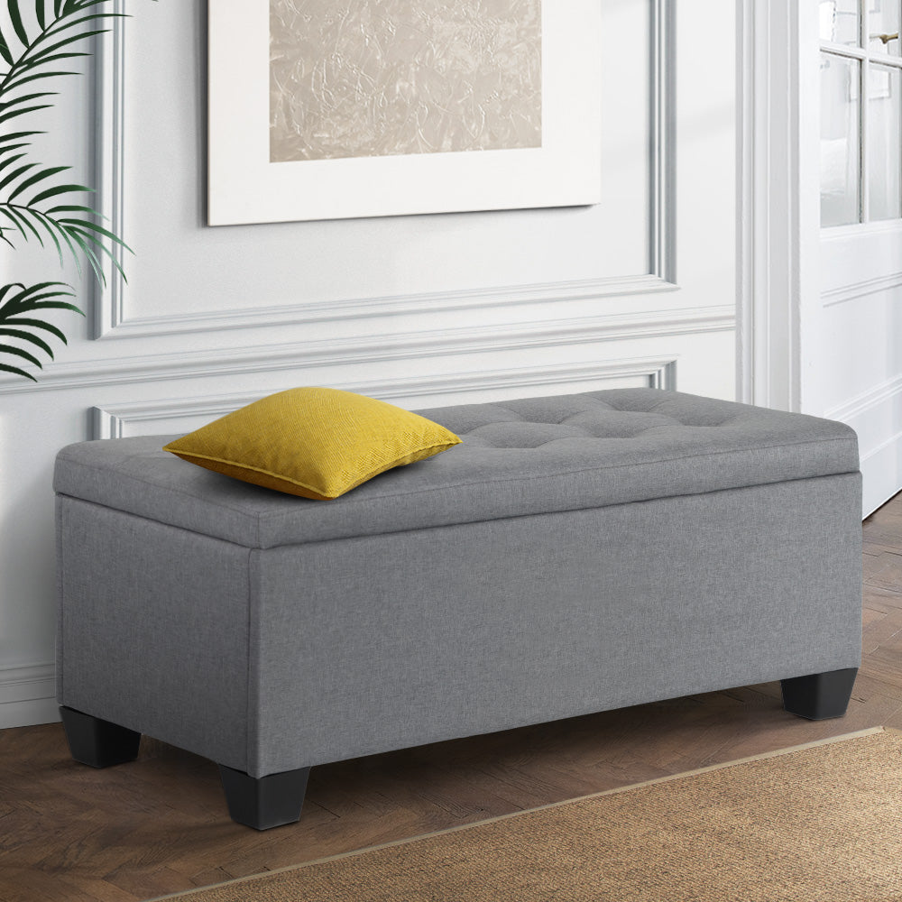 Large 97cm Storage Ottoman Blanket Box - Faux Linen Grey - Homecoze