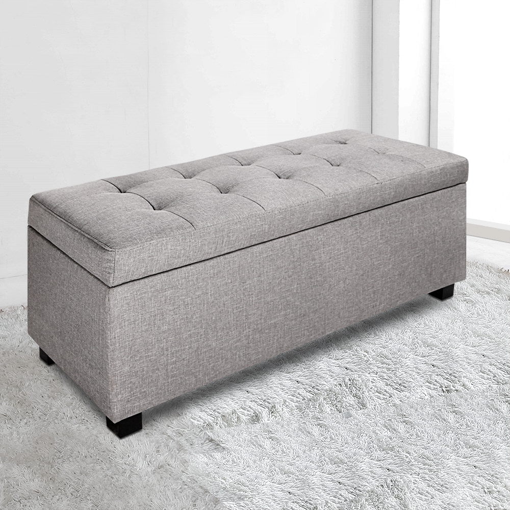 Faux Linen Fabric Storage Ottoman 97cm - Light Grey - Homecoze