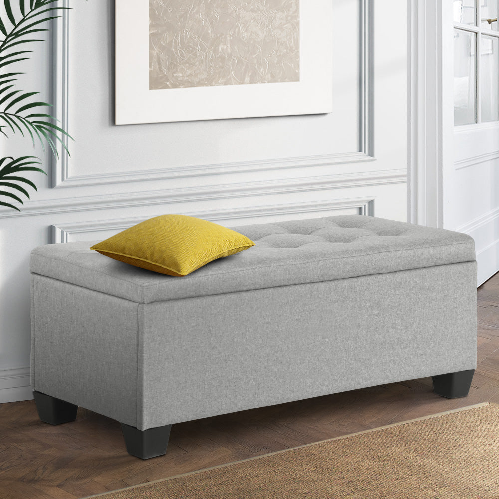 Faux Linen Fabric Storage Ottoman 97cm - Light Grey - Homecoze