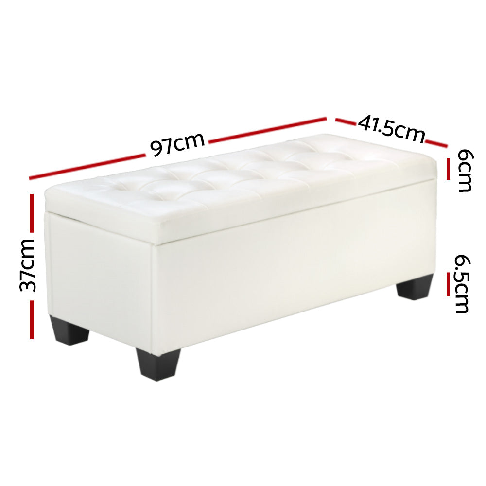97cm Storage Ottoman Blanket Box - White PU Leather - Homecoze