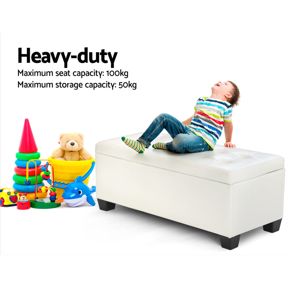 97cm Storage Ottoman Blanket Box - White PU Leather - Homecoze