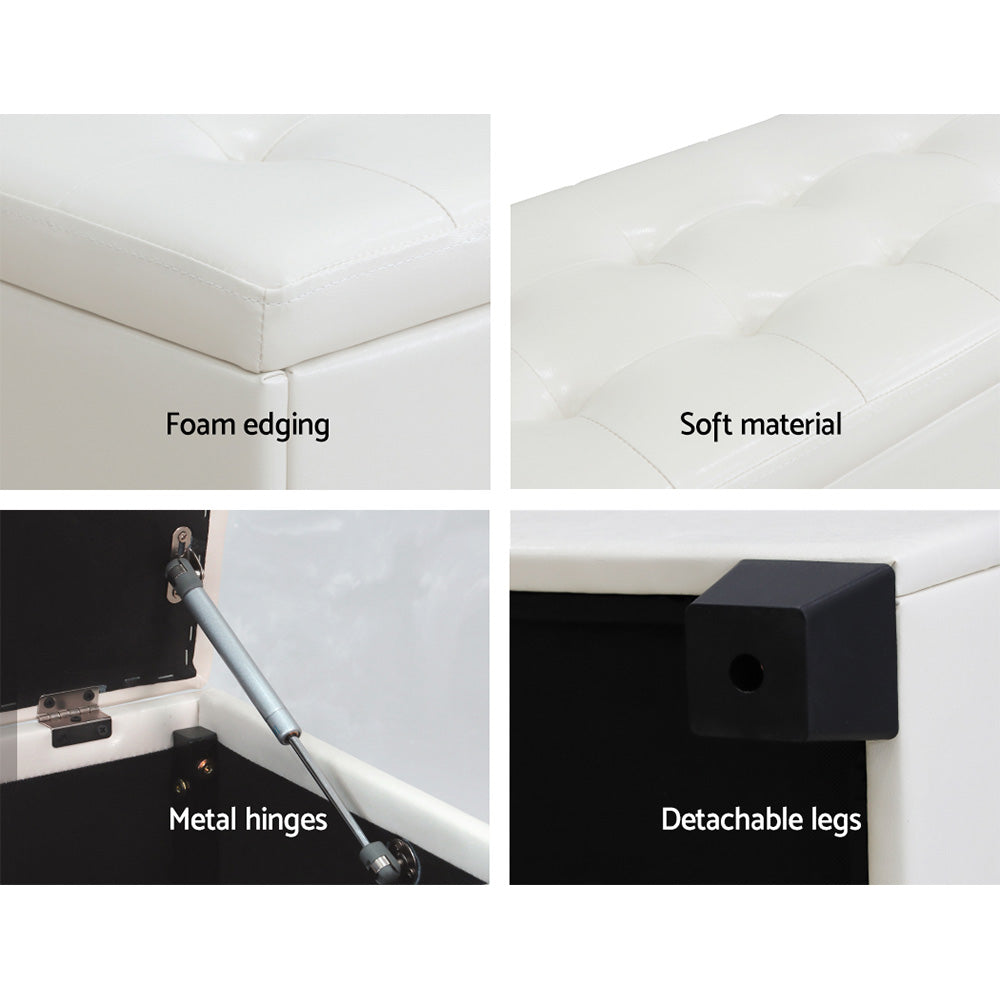 97cm Storage Ottoman Blanket Box - White PU Leather - Homecoze