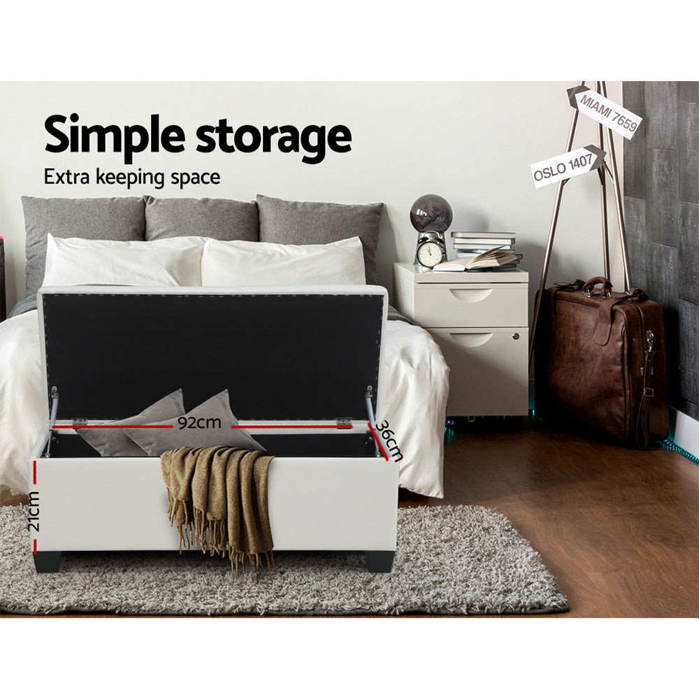 97cm Storage Ottoman Blanket Box - White PU Leather - Homecoze