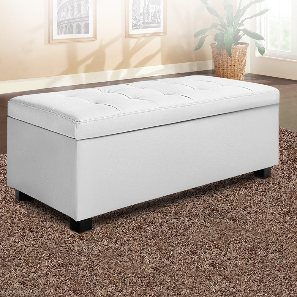 97cm Storage Ottoman Blanket Box - White PU Leather - Homecoze
