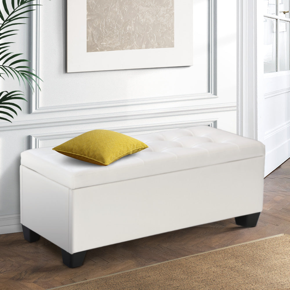 97cm Storage Ottoman Blanket Box - White PU Leather - Homecoze