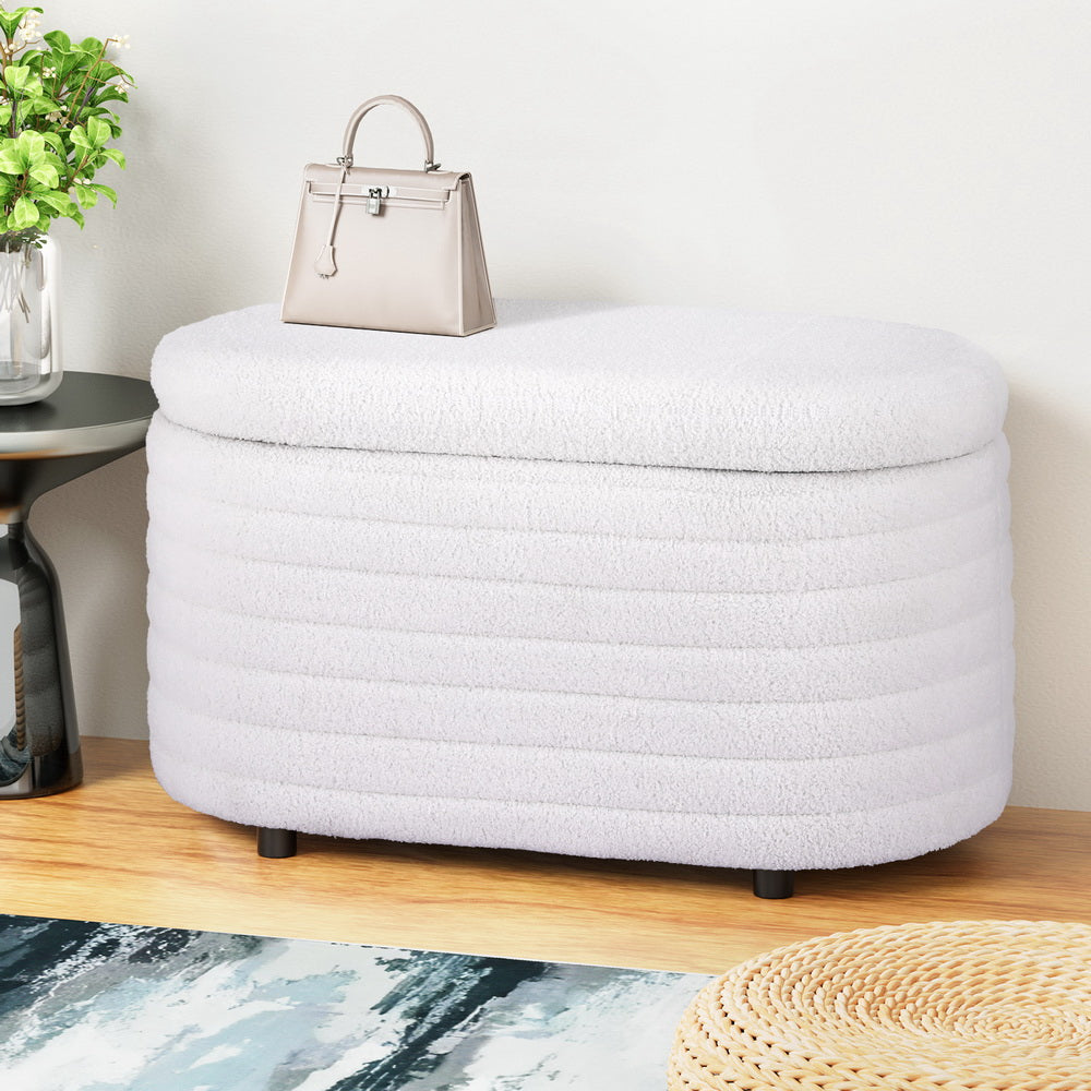 Boucle Ottoman Oval Blanket Box 87cm - White - Homecoze