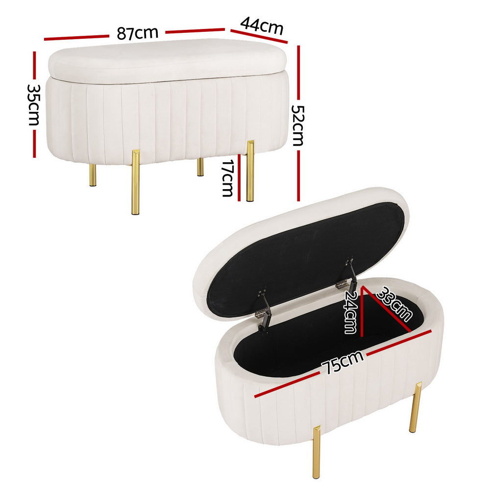 Artiss Storage Ottoman Blanket Box 87cm Velvet Oval White - Homecoze