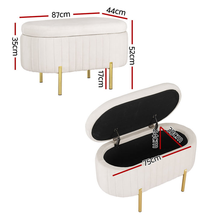 Artiss Storage Ottoman Blanket Box 87cm Velvet Oval White - Homecoze