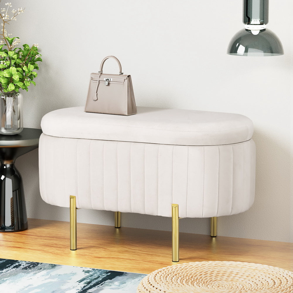 Artiss Storage Ottoman Blanket Box 87cm Velvet Oval White - Homecoze