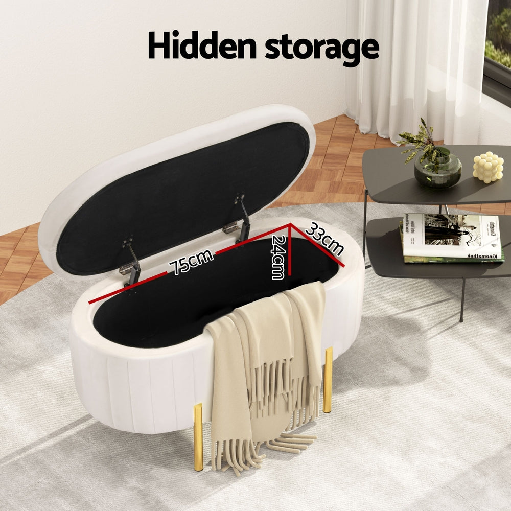 Artiss Storage Ottoman Blanket Box 87cm Velvet Oval White - Homecoze