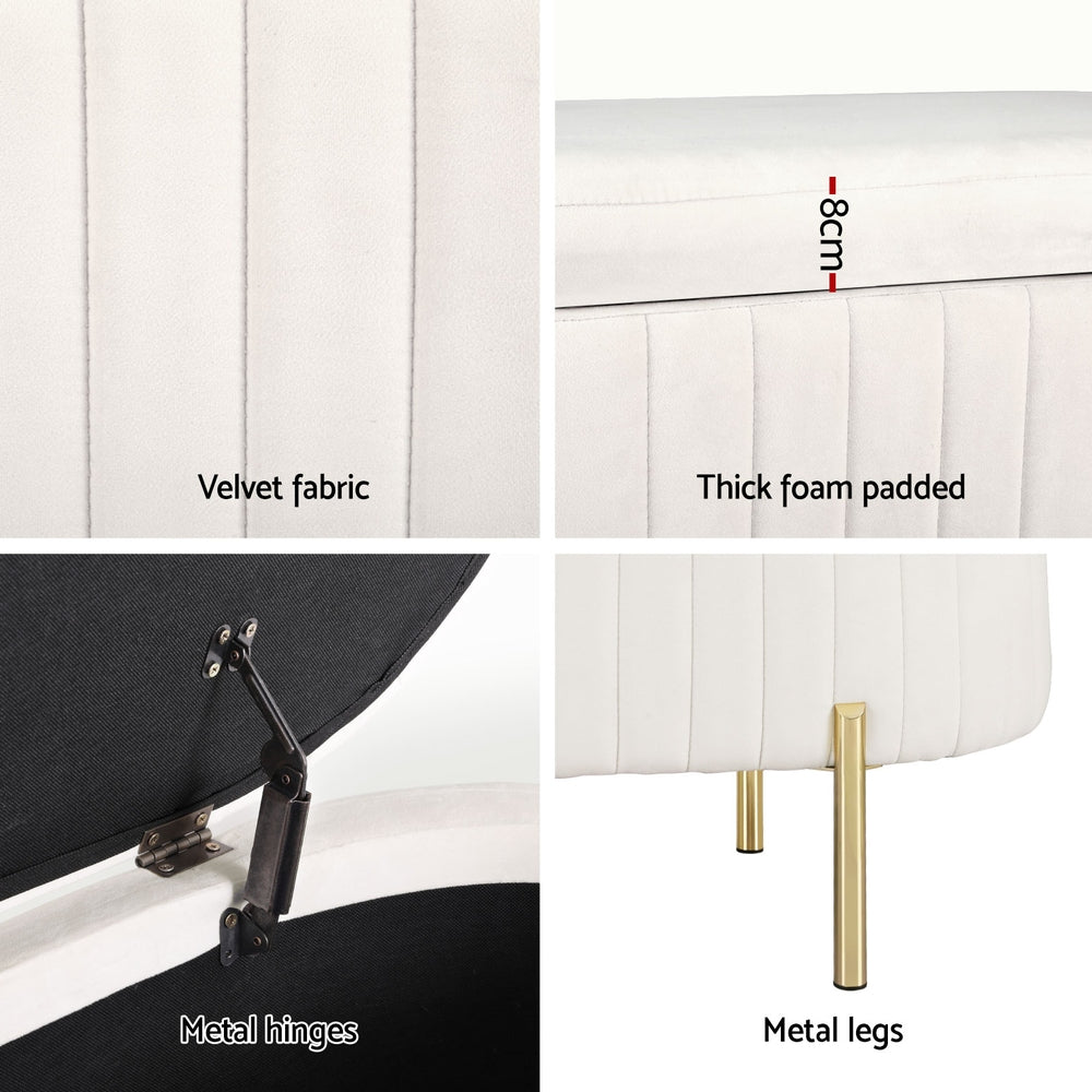 Artiss Storage Ottoman Blanket Box 87cm Velvet Oval White - Homecoze