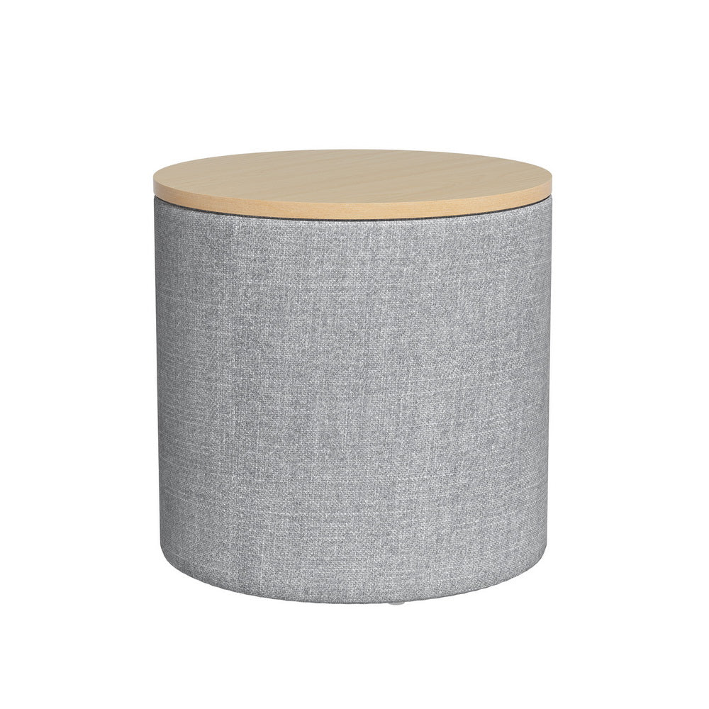 Round Storage Ottoman Side Table 40cm - Grey Linen