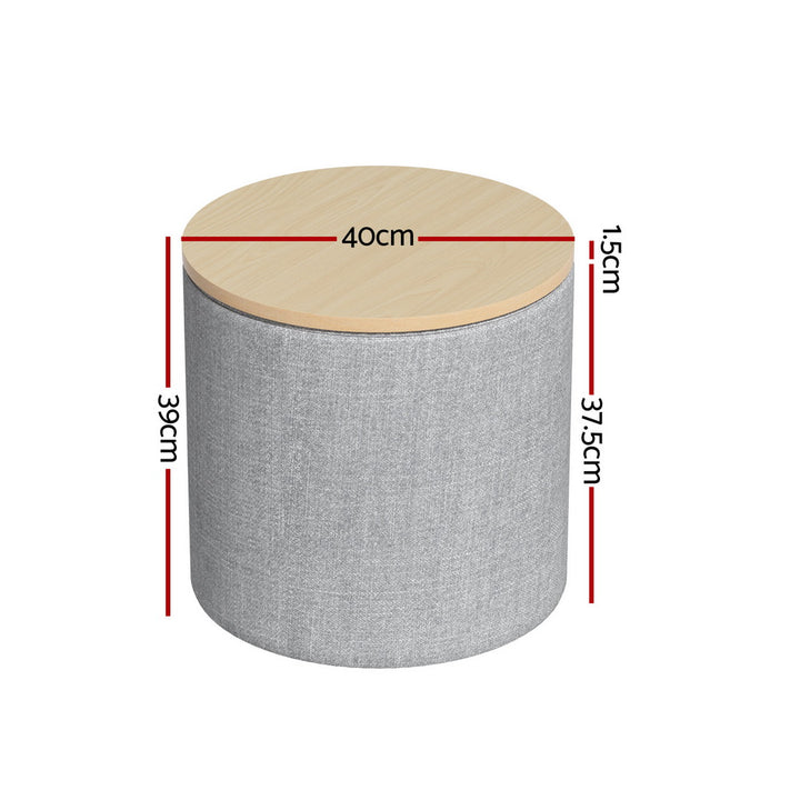 Round Storage Ottoman Side Table 40cm - Grey Linen