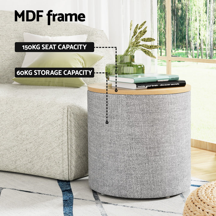 Round Storage Ottoman Side Table 40cm - Grey Linen