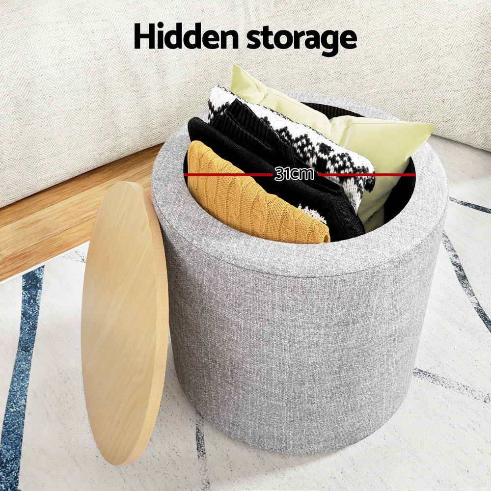 Round Storage Ottoman Side Table 40cm - Grey Linen - Homecoze