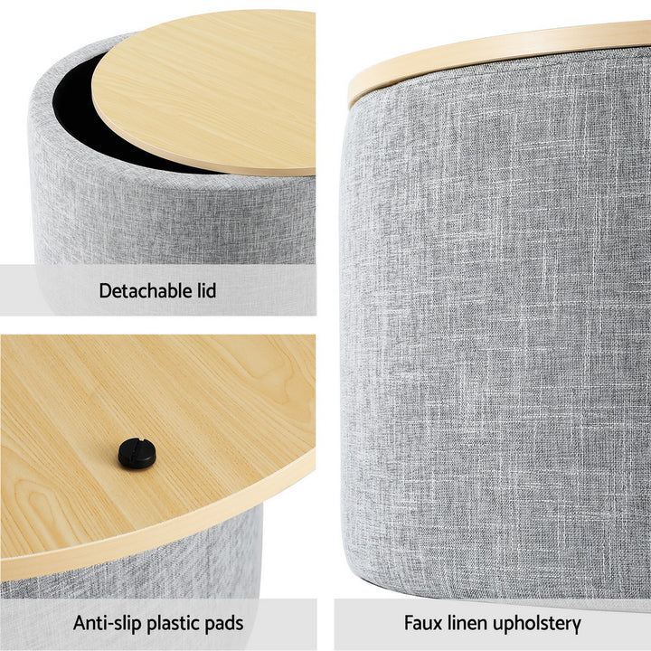 Round Storage Ottoman Side Table 40cm - Grey Linen