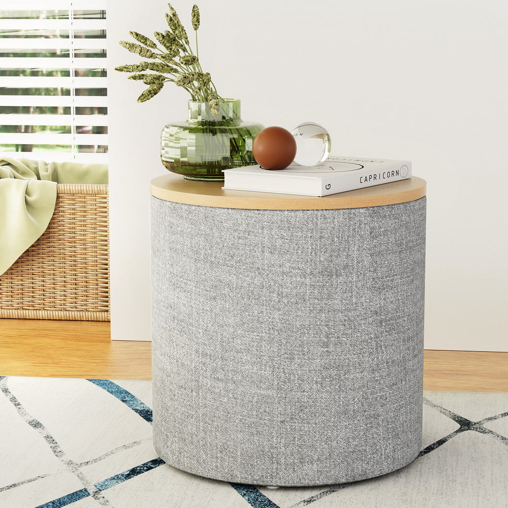 Round Storage Ottoman Side Table 40cm - Grey Linen - Homecoze