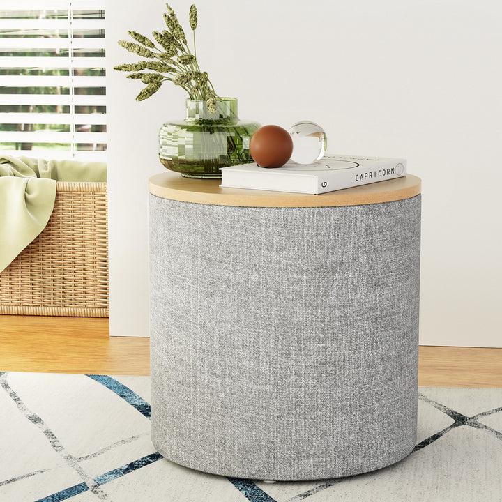 Round Storage Ottoman Side Table 40cm - Grey Linen