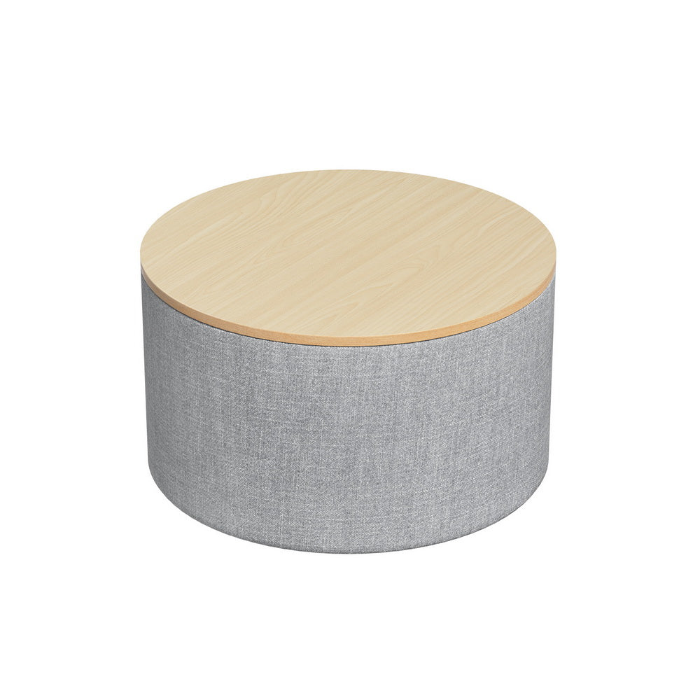 Round Storage Ottoman Coffee Table 60cm - Grey Linen