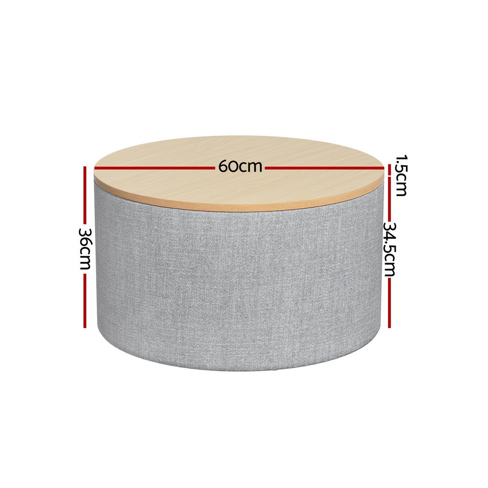 Round Storage Ottoman Coffee Table 60cm - Grey Linen - Homecoze
