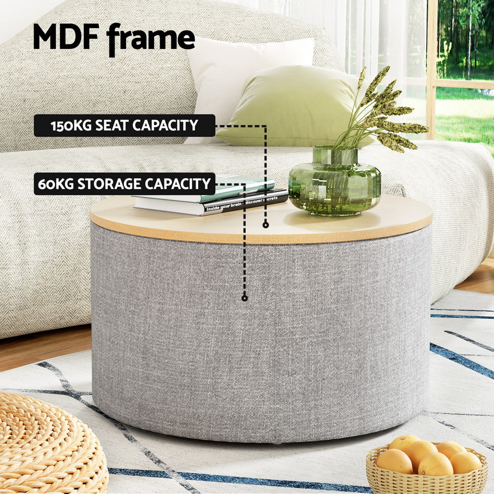 Round Storage Ottoman Coffee Table 60cm - Grey Linen - Homecoze
