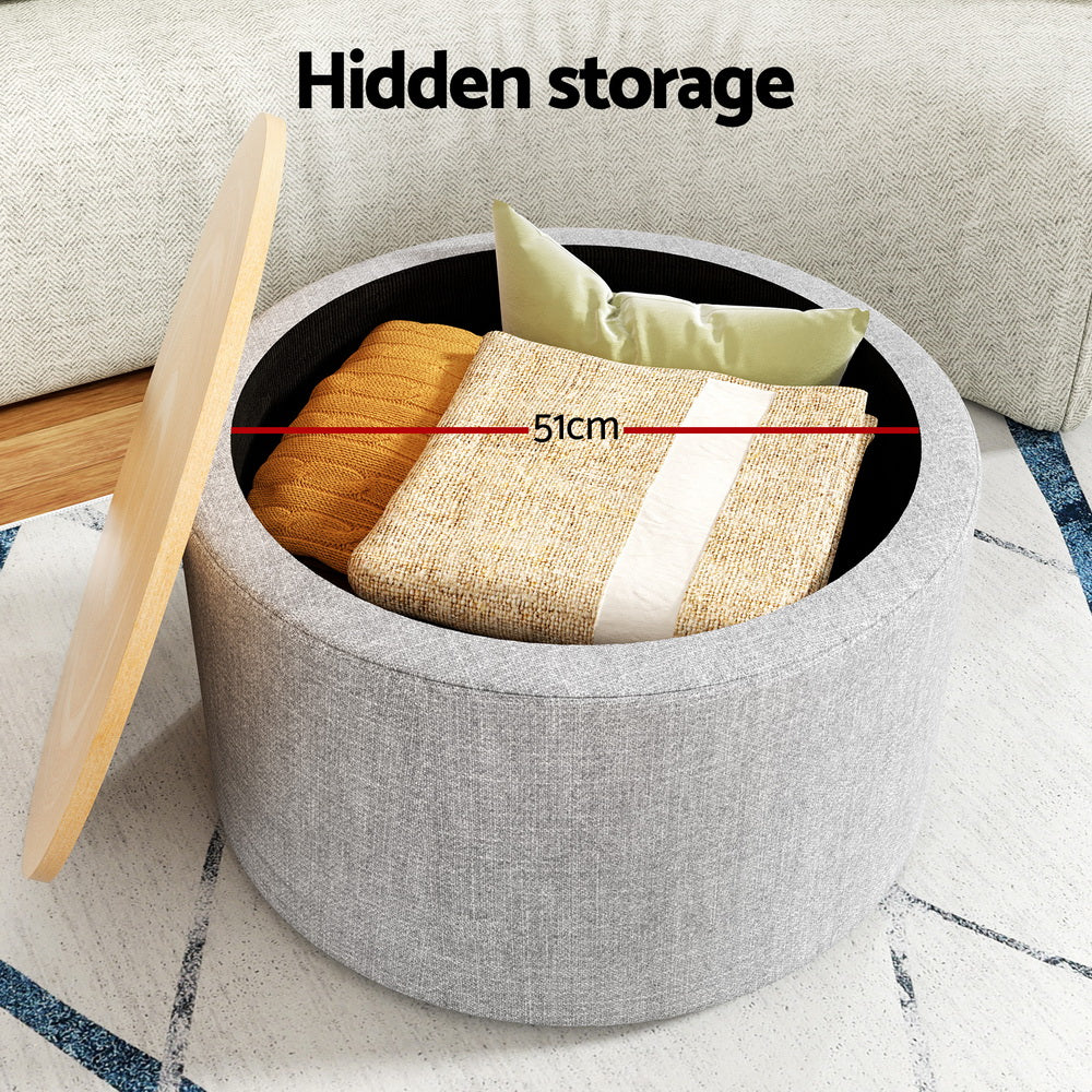 Round Storage Ottoman Coffee Table 60cm - Grey Linen - Homecoze