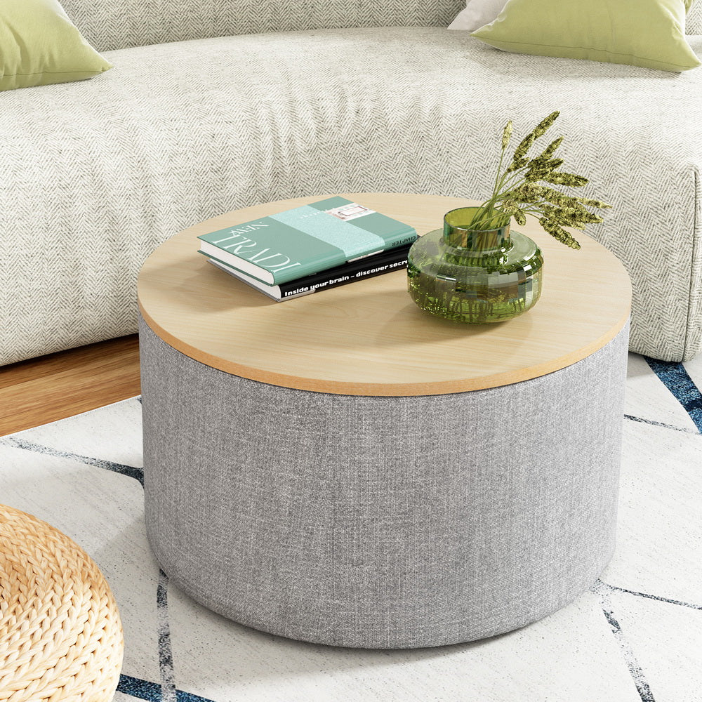 Round Storage Ottoman Coffee Table 60cm - Grey Linen