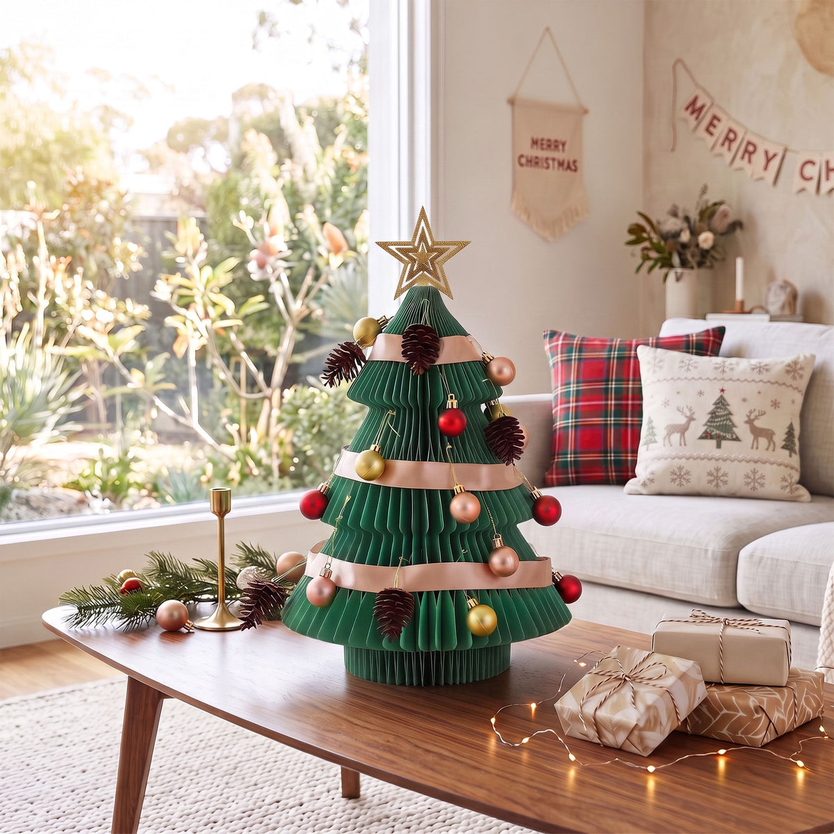 Jingle Jollys Paper Christmas Tree 47CM w/ Star Topper Xmas Decor Tabletop Green DIY Ornament Set - Homecoze