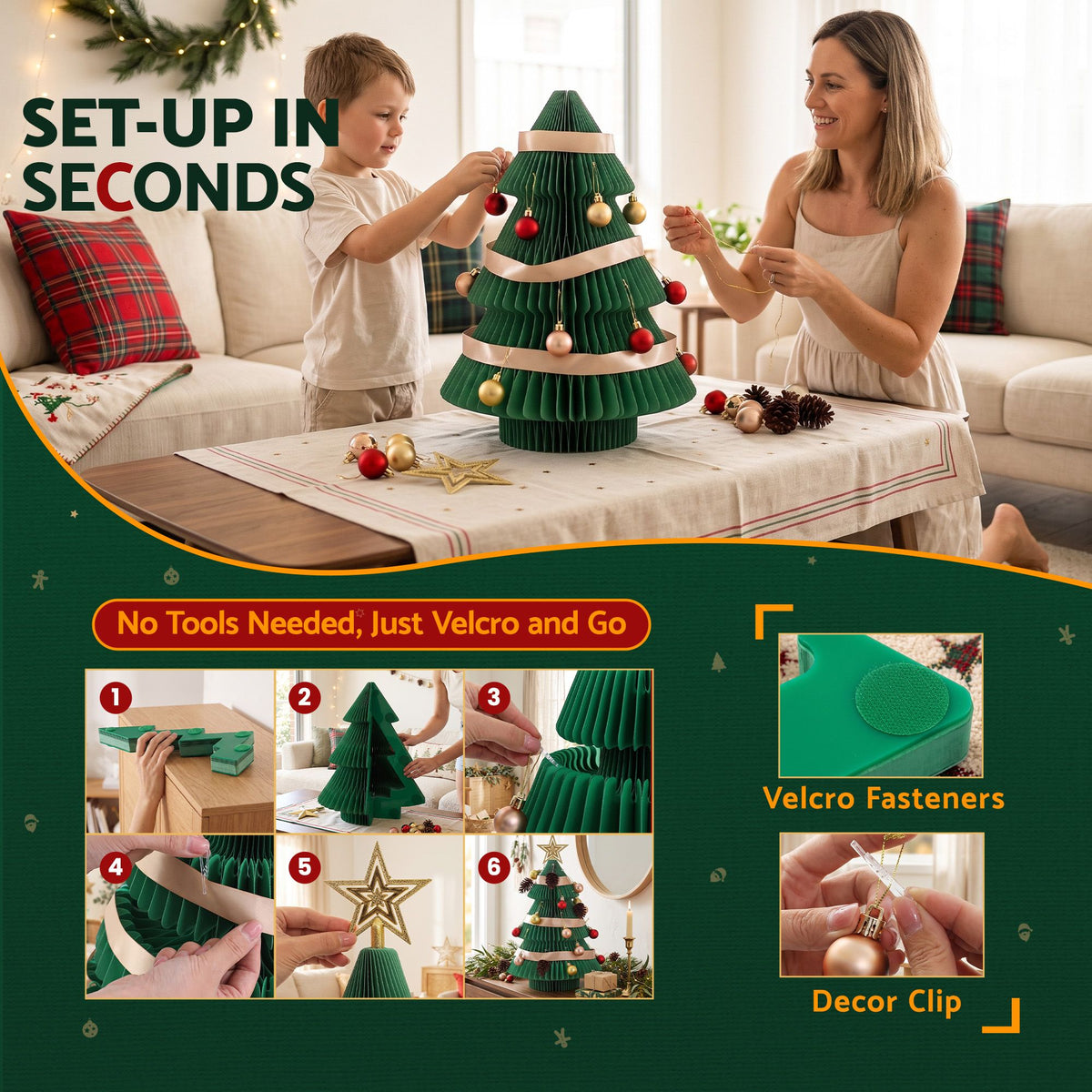 Jingle Jollys Paper Christmas Tree 47CM w/ Star Topper Xmas Decor Tabletop Green DIY Ornament Set - Homecoze