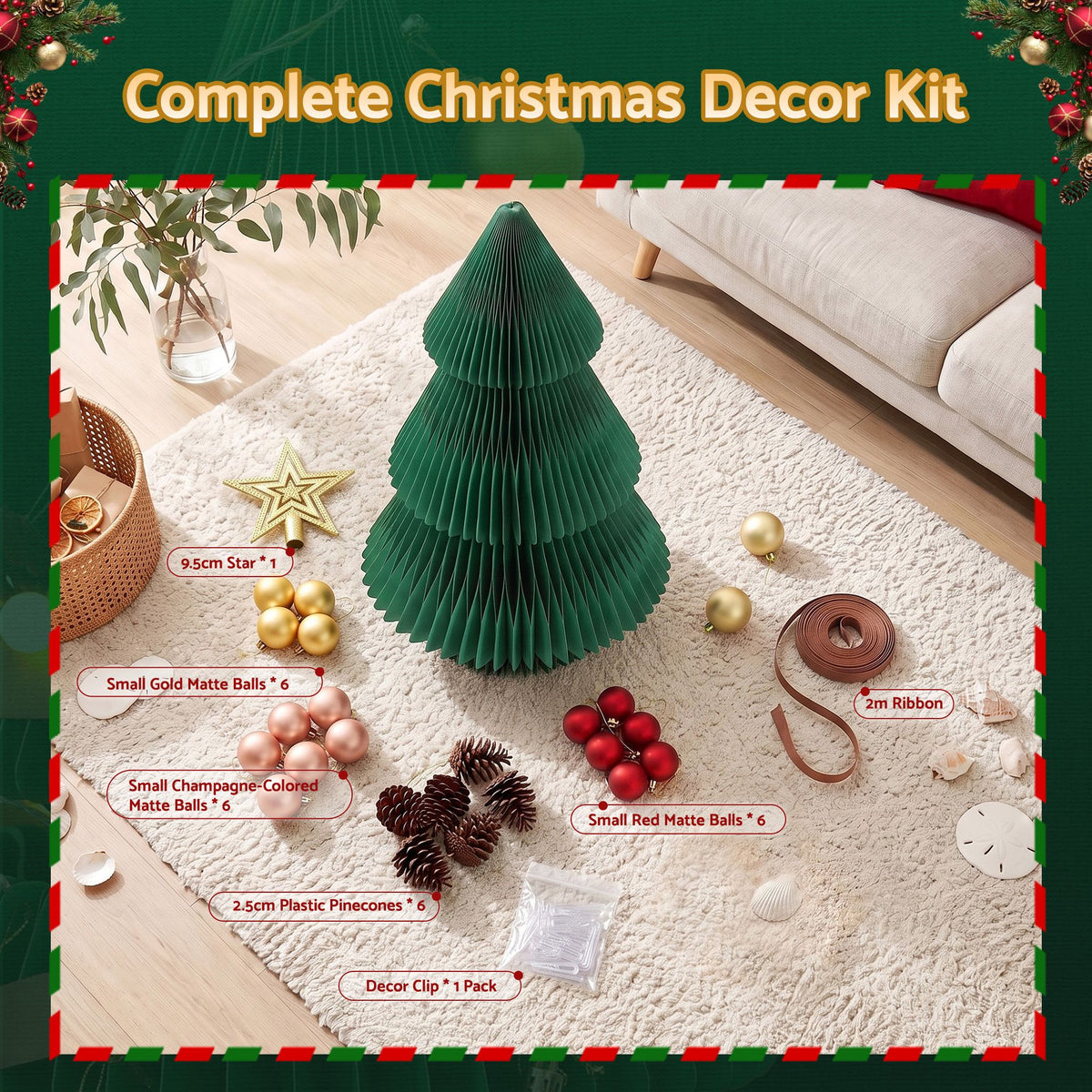 Jingle Jollys Paper Christmas Tree 47CM w/ Star Topper Xmas Decor Tabletop Green DIY Ornament Set - Homecoze