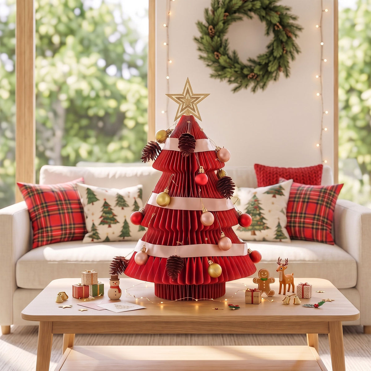 Jingle Jollys Paper Christmas Tree 47CM w/ Star Topper Xmas Decoration Tabletop Red DIY Ornament Set - Homecoze