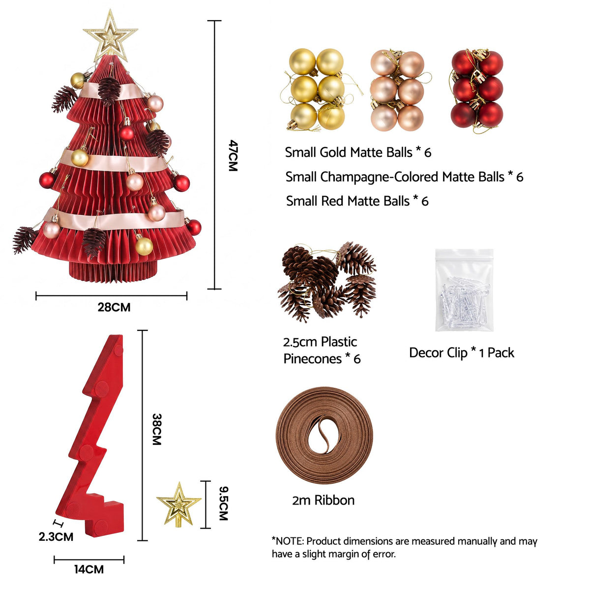 Jingle Jollys Paper Christmas Tree 47CM w/ Star Topper Xmas Decoration Tabletop Red DIY Ornament Set - Homecoze