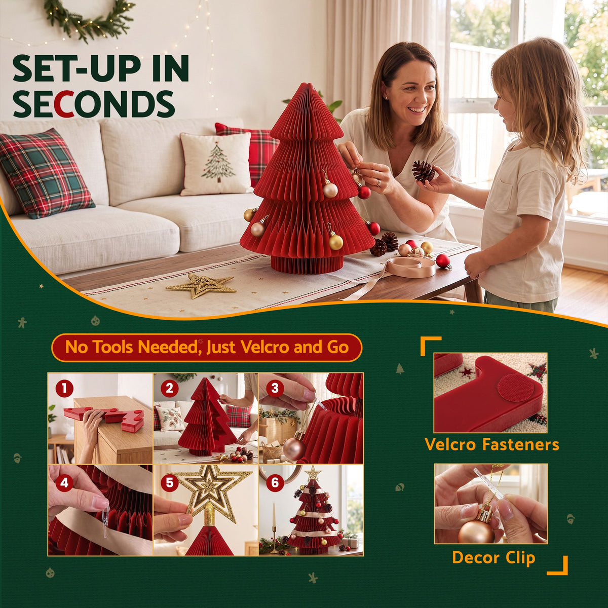 Jingle Jollys Paper Christmas Tree 47CM w/ Star Topper Xmas Decoration Tabletop Red DIY Ornament Set - Homecoze