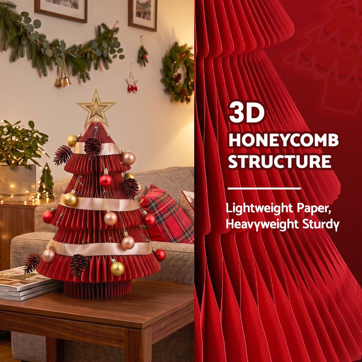 Jingle Jollys Paper Christmas Tree 47CM w/ Star Topper Xmas Decoration Tabletop Red DIY Ornament Set - Homecoze