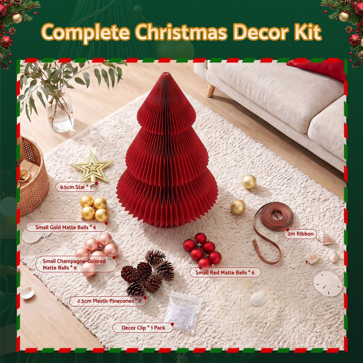 Jingle Jollys Paper Christmas Tree 47CM w/ Star Topper Xmas Decoration Tabletop Red DIY Ornament Set - Homecoze