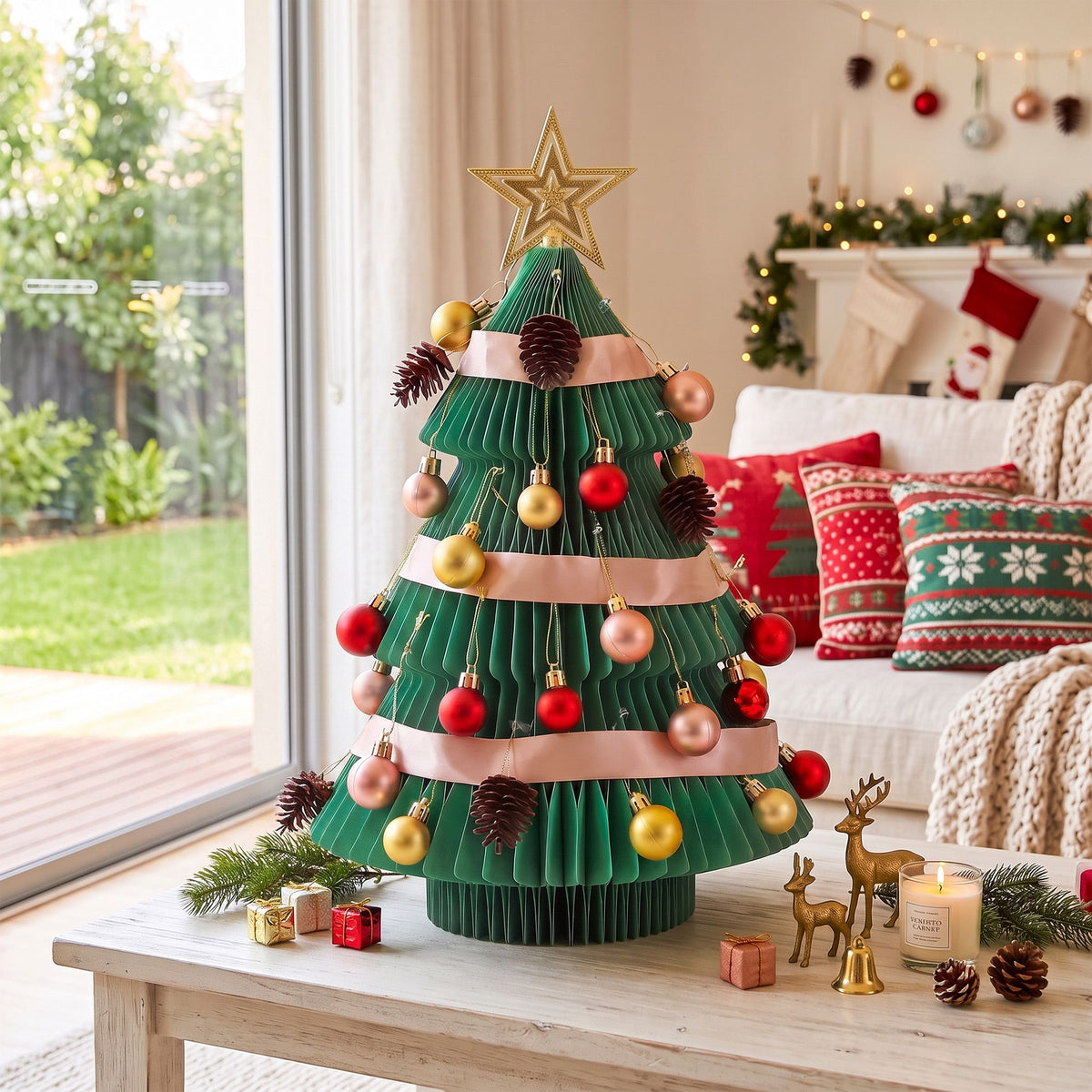 Jingle Jollys Paper Christmas Tree 61CM w/ Star Topper Xmas Decor Tabletop Green DIY Ornament Set - Homecoze