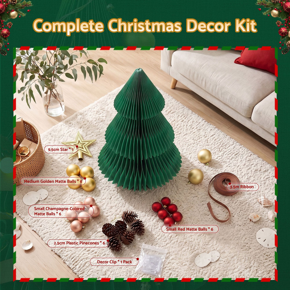 Jingle Jollys Paper Christmas Tree 61CM w/ Star Topper Xmas Decor Tabletop Green DIY Ornament Set - Homecoze