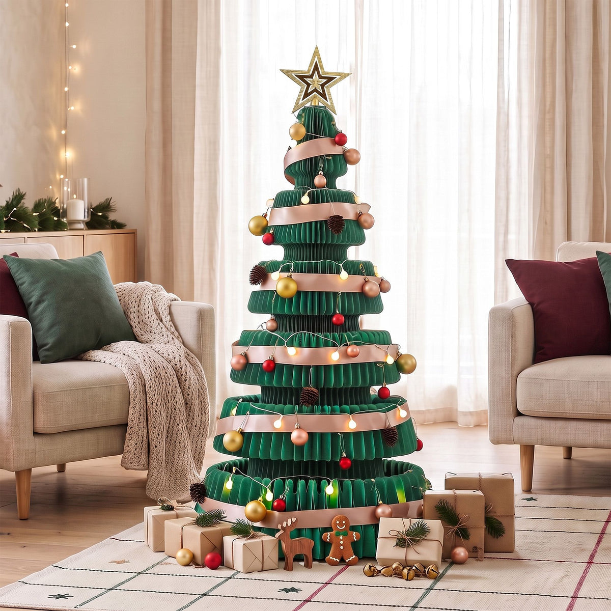 Jingle Jollys Paper Christmas Tree 111CM w/ Star Topper LEDs Xmas Decorations Kit Home Office Green - Homecoze