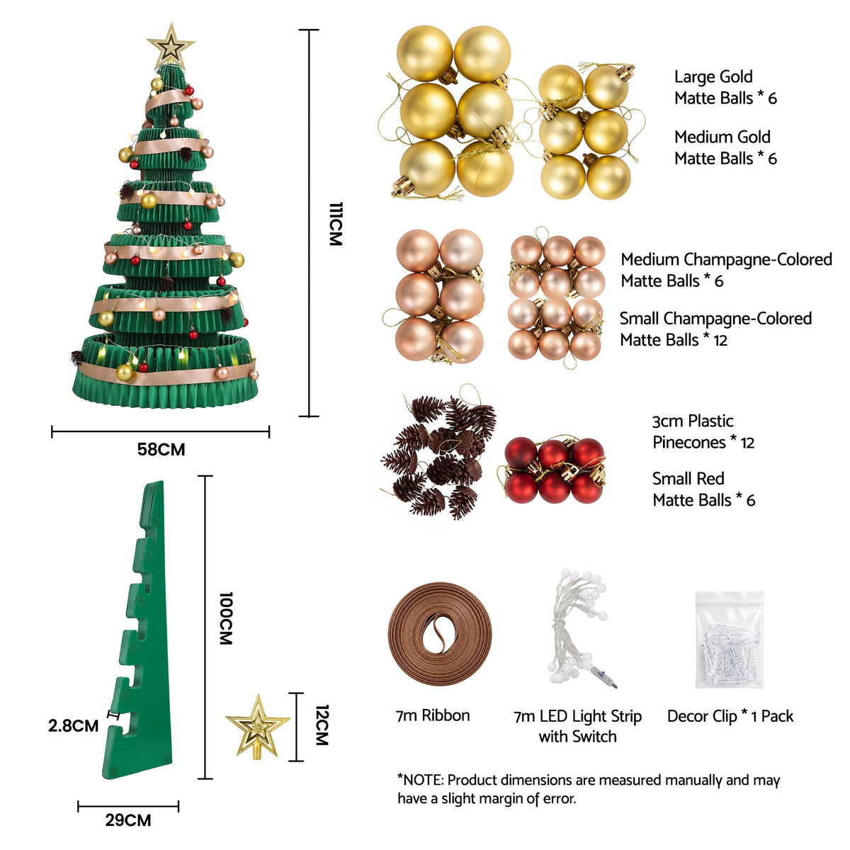 Jingle Jollys Paper Christmas Tree 111CM w/ Star Topper LEDs Xmas Decorations Kit Home Office Green - Homecoze