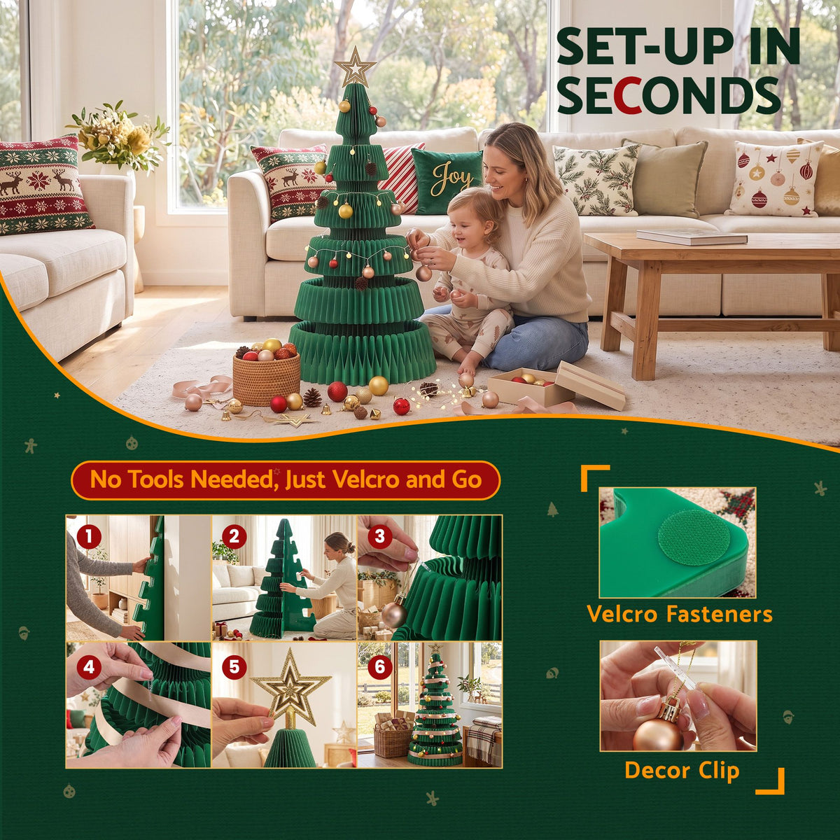 Jingle Jollys Paper Christmas Tree 111CM w/ Star Topper LEDs Xmas Decorations Kit Home Office Green - Homecoze