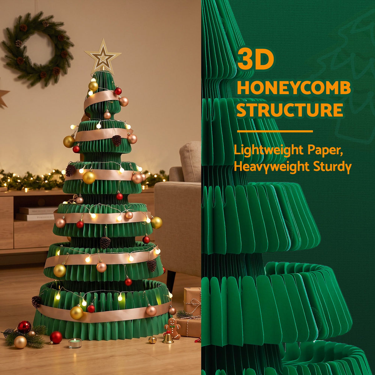 Jingle Jollys Paper Christmas Tree 111CM w/ Star Topper LEDs Xmas Decorations Kit Home Office Green - Homecoze