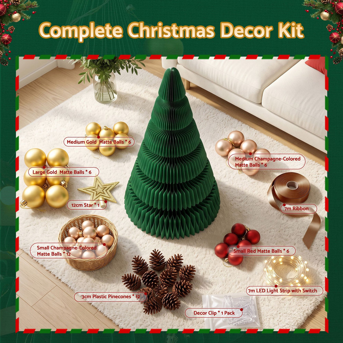 Jingle Jollys Paper Christmas Tree 111CM w/ Star Topper LEDs Xmas Decorations Kit Home Office Green - Homecoze