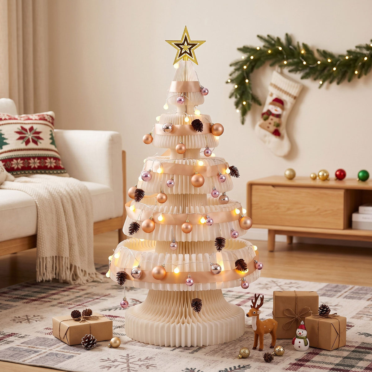 Jingle Jollys Paper Christmas Tree 114CM w/ Star Topper LEDs Xmas Decorations Kit Home Office White - Homecoze