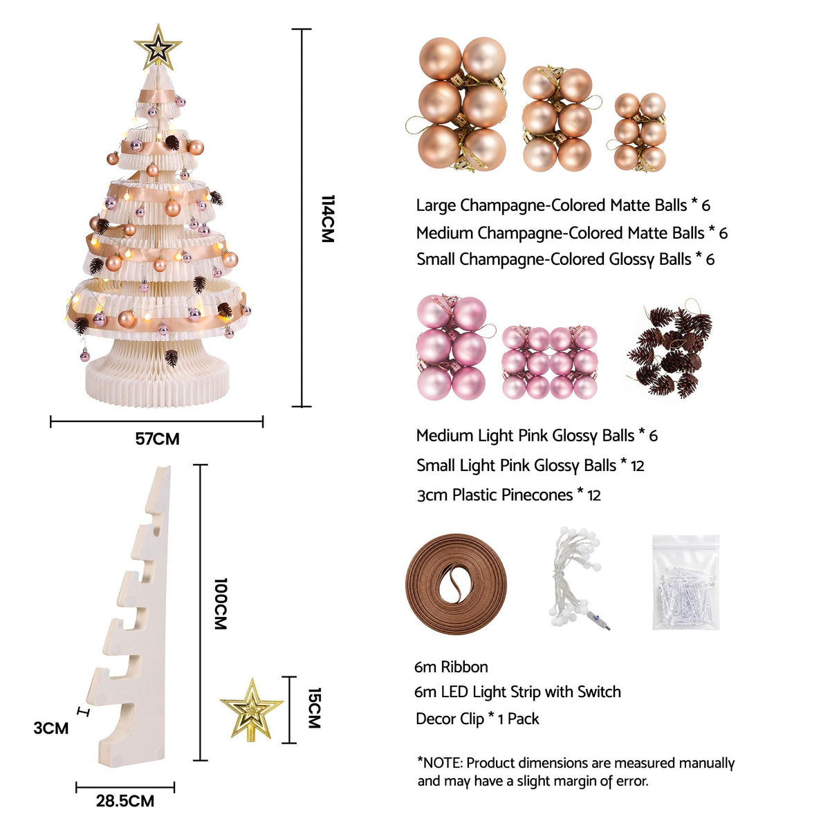 Jingle Jollys Paper Christmas Tree 114CM w/ Star Topper LEDs Xmas Decorations Kit Home Office White - Homecoze
